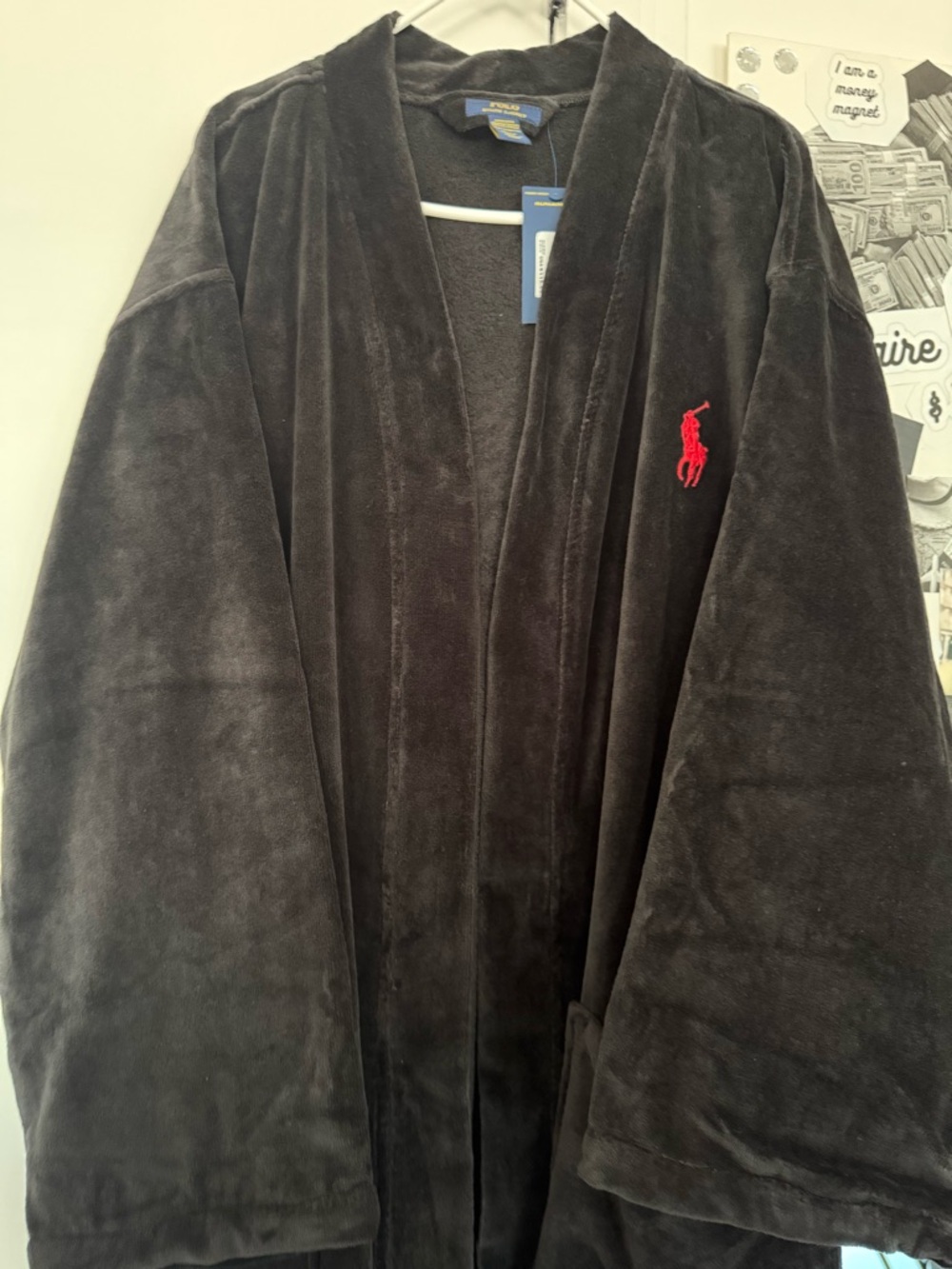 Polo by Ralph Lauren Black Plush Robe with Red Pony Logo